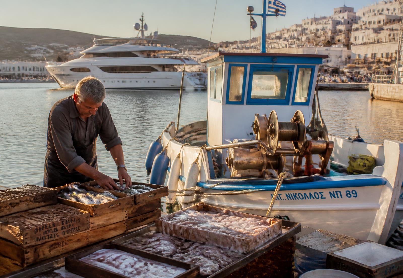 Greek fisherman sorting fresh catch beside a fishing boat with a superyacht in the marina